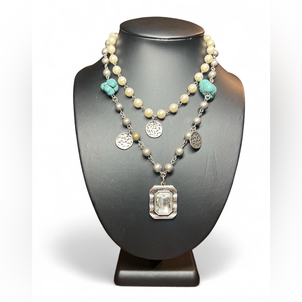 Chunky Layered Statement Crystal Pendant Faux Pearl Turquoise Medallion Necklace - Picture 1 of 3